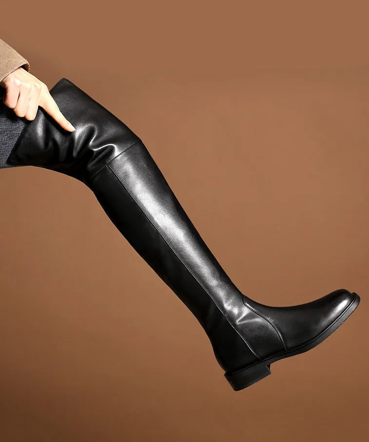 Apricot Zip Up Chic Splicing Cowhide Leather Knee Boots ML1669