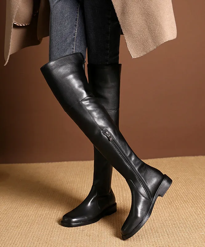 Apricot Zip Up Chic Splicing Cowhide Leather Knee Boots ML1669