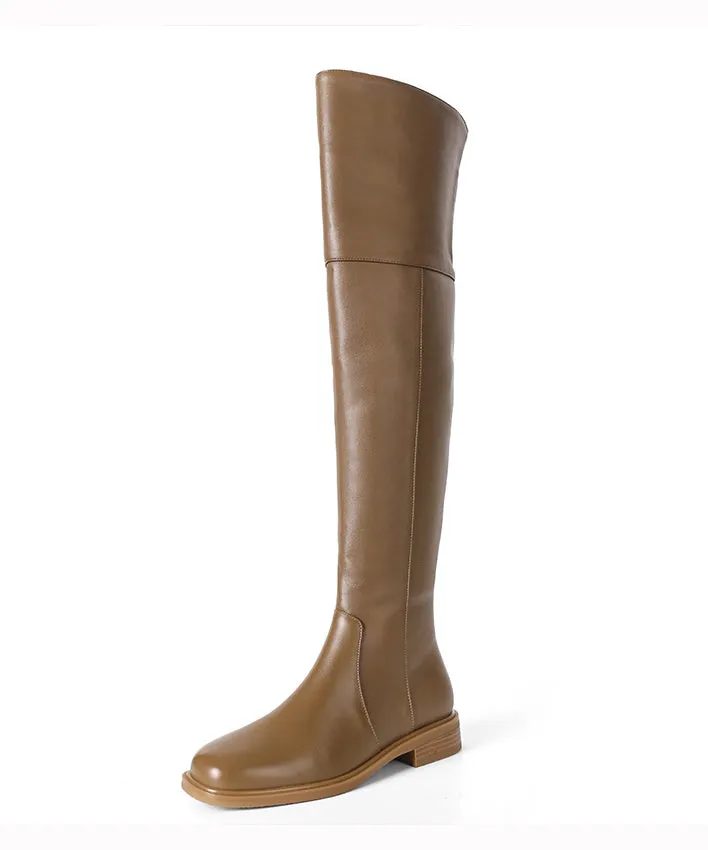 Apricot Zip Up Chic Splicing Cowhide Leather Knee Boots ML1669