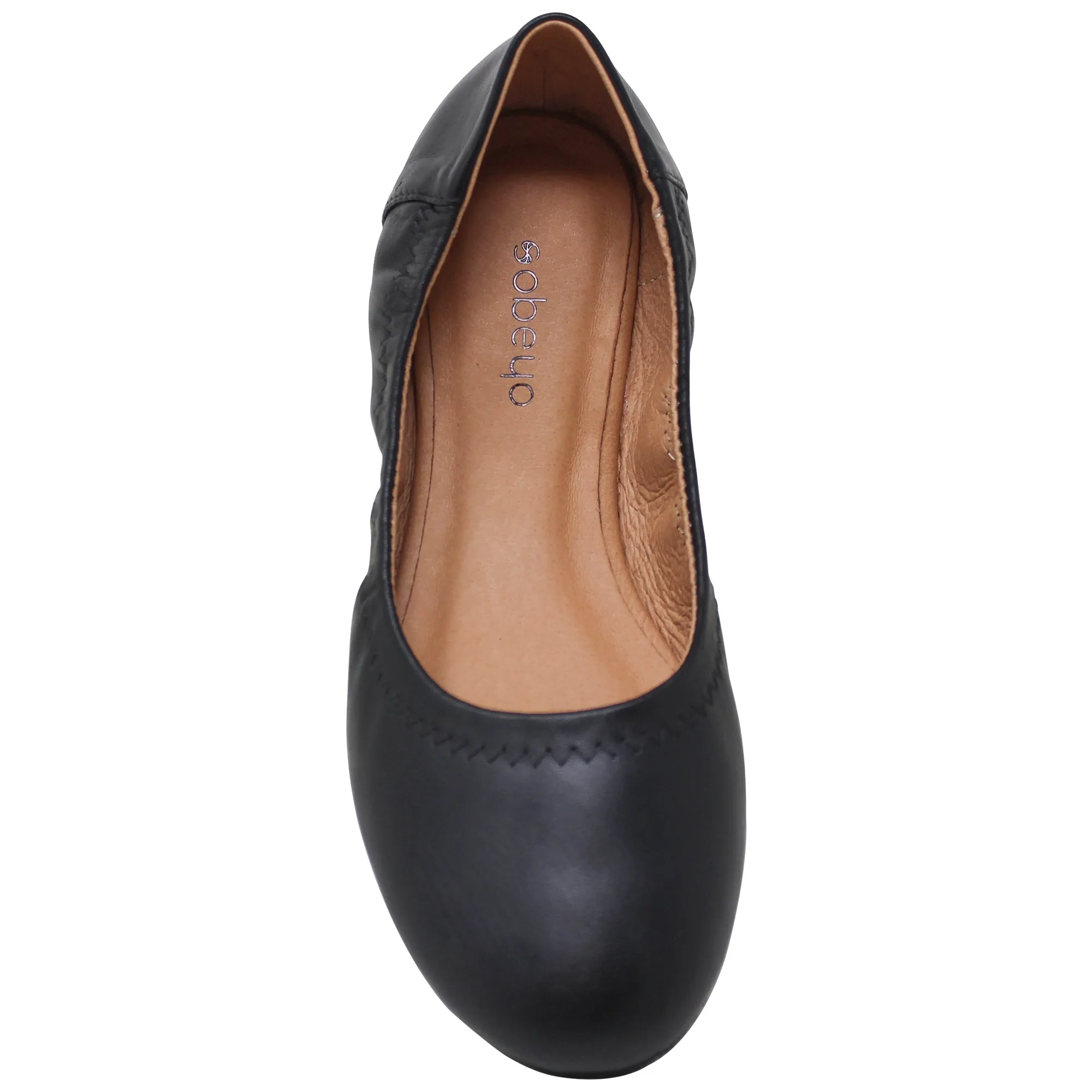 Black Ballet Flats Round Toe Genuine Leather Elastic Side