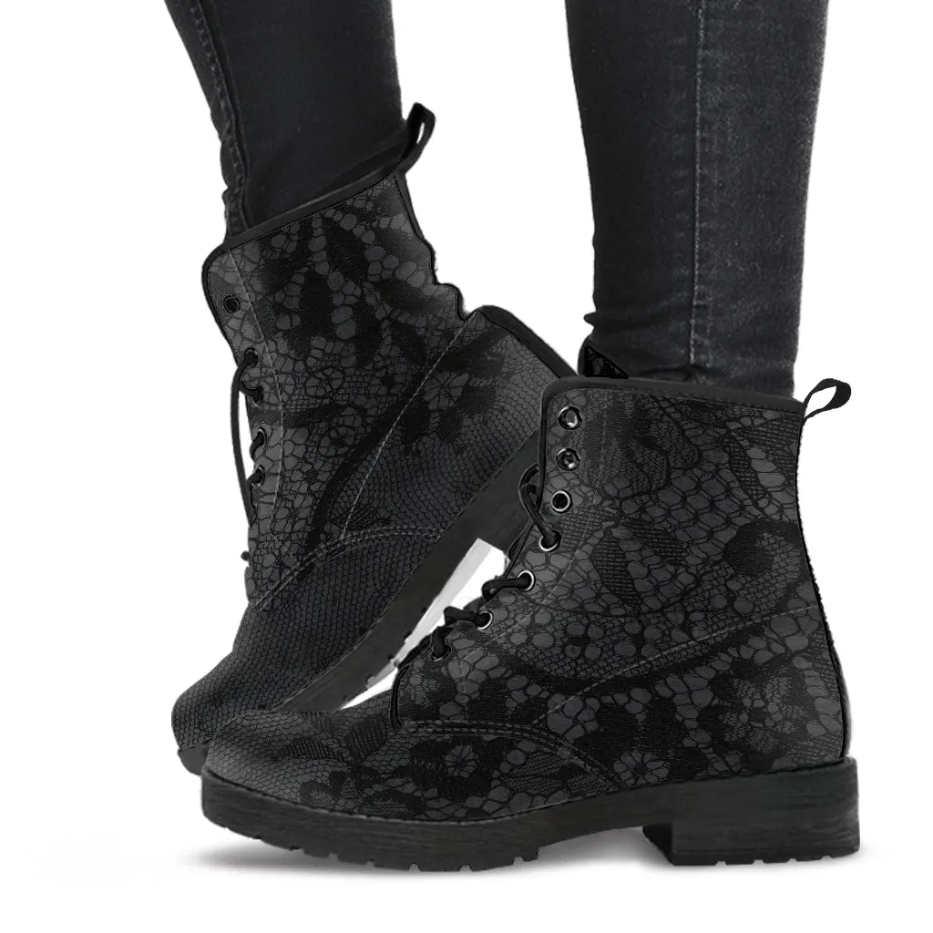 Combat Boots - Classic Pattern #116 Black Lace Print | Vegan Leather, Unisex Boots, Custom Shoes, Hippie Boots, Lace Up Boots, Women's Boots