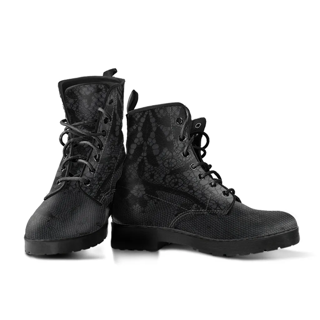 Combat Boots - Classic Pattern #116 Black Lace Print | Vegan Leather, Unisex Boots, Custom Shoes, Hippie Boots, Lace Up Boots, Women's Boots