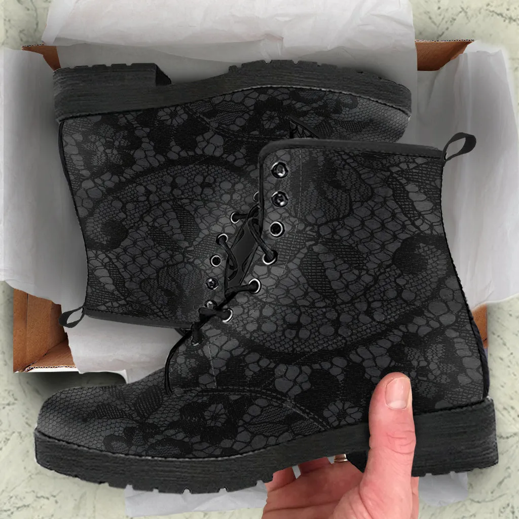 Combat Boots - Classic Pattern #116 Black Lace Print | Vegan Leather, Unisex Boots, Custom Shoes, Hippie Boots, Lace Up Boots, Women's Boots