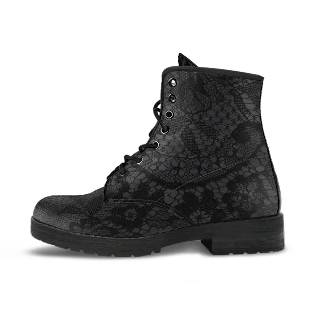 Combat Boots - Classic Pattern #116 Black Lace Print | Vegan Leather, Unisex Boots, Custom Shoes, Hippie Boots, Lace Up Boots, Women's Boots