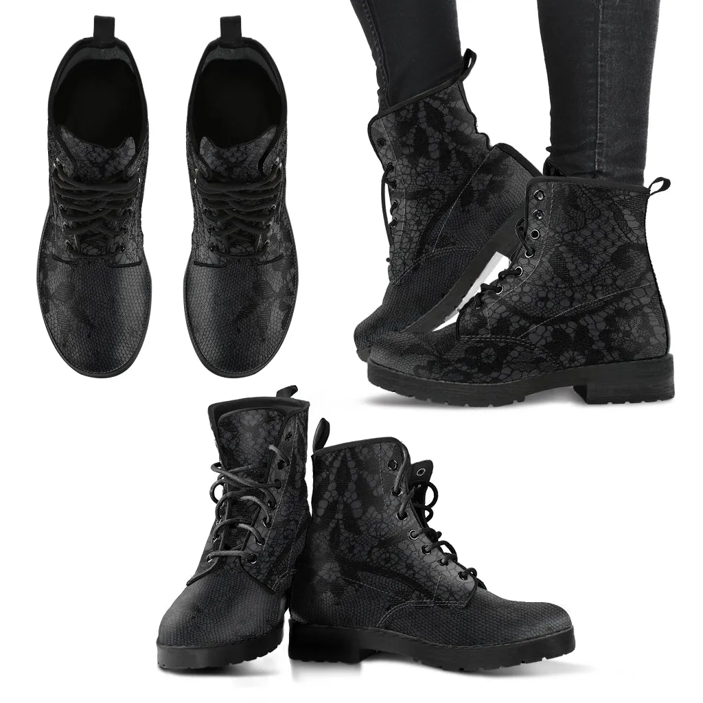 Combat Boots - Classic Pattern #116 Black Lace Print | Vegan Leather, Unisex Boots, Custom Shoes, Hippie Boots, Lace Up Boots, Women's Boots