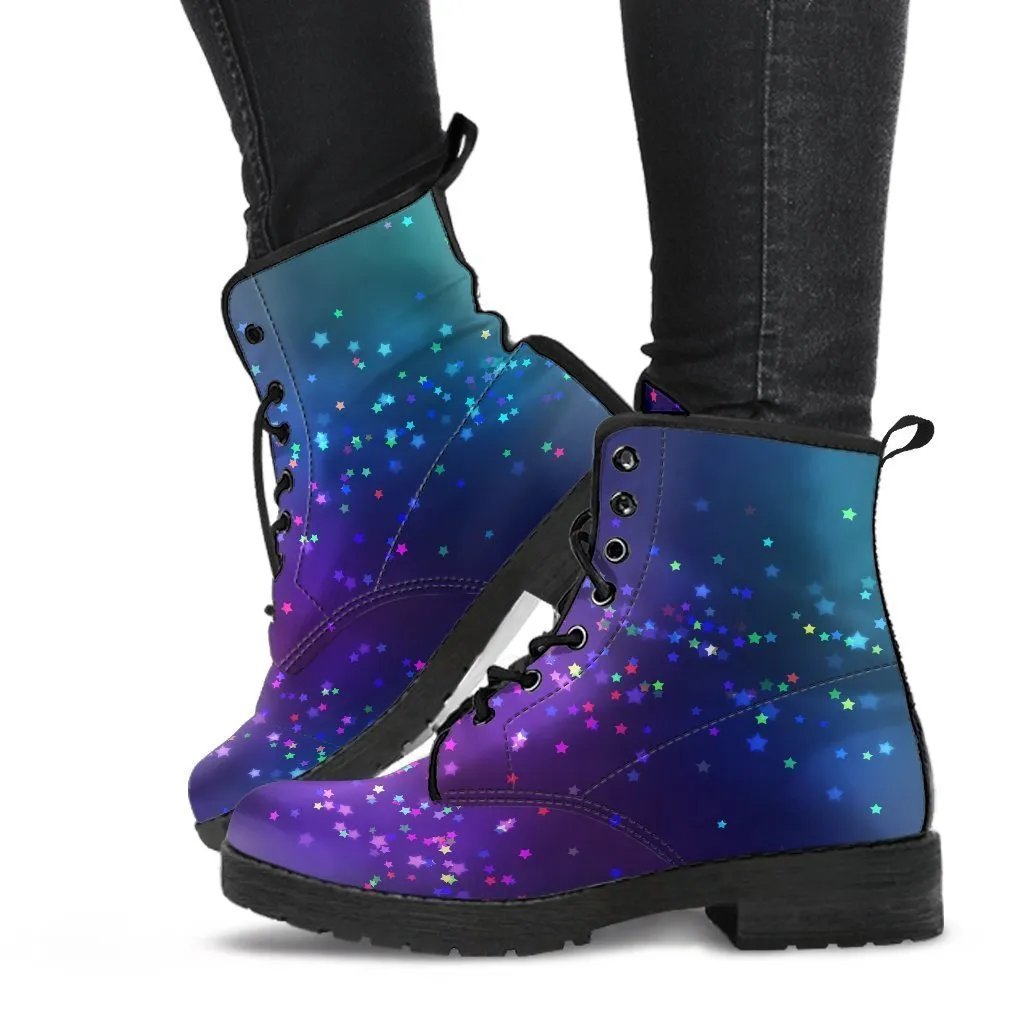 Combat Boots - Colorful Bokeh Rainbow Stars | Custom Shoes, Women's Boots, Vegan Shoes, Vegan Leather, Hippie Boots, 90s Boots, 2000s Boots
