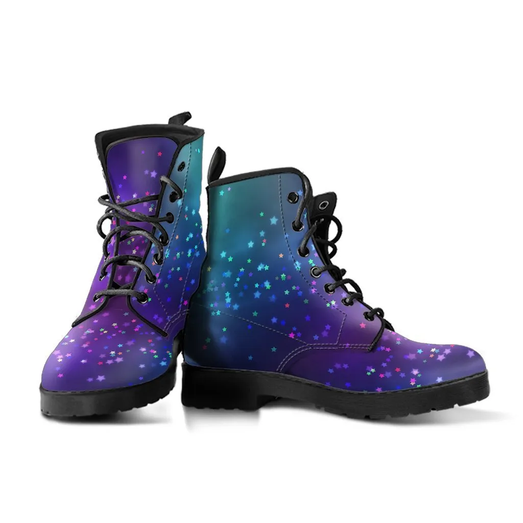 Combat Boots - Colorful Bokeh Rainbow Stars | Custom Shoes, Women's Boots, Vegan Shoes, Vegan Leather, Hippie Boots, 90s Boots, 2000s Boots