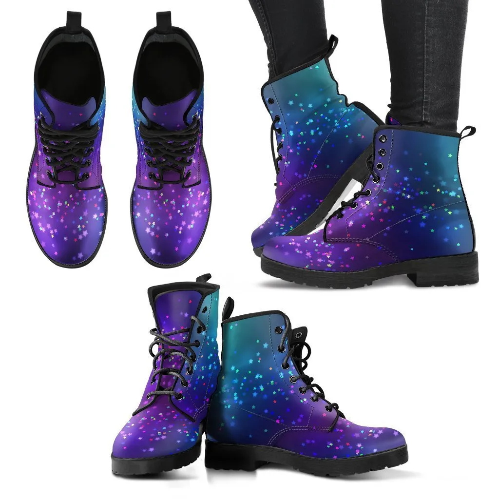 Combat Boots - Colorful Bokeh Rainbow Stars | Custom Shoes, Women's Boots, Vegan Shoes, Vegan Leather, Hippie Boots, 90s Boots, 2000s Boots