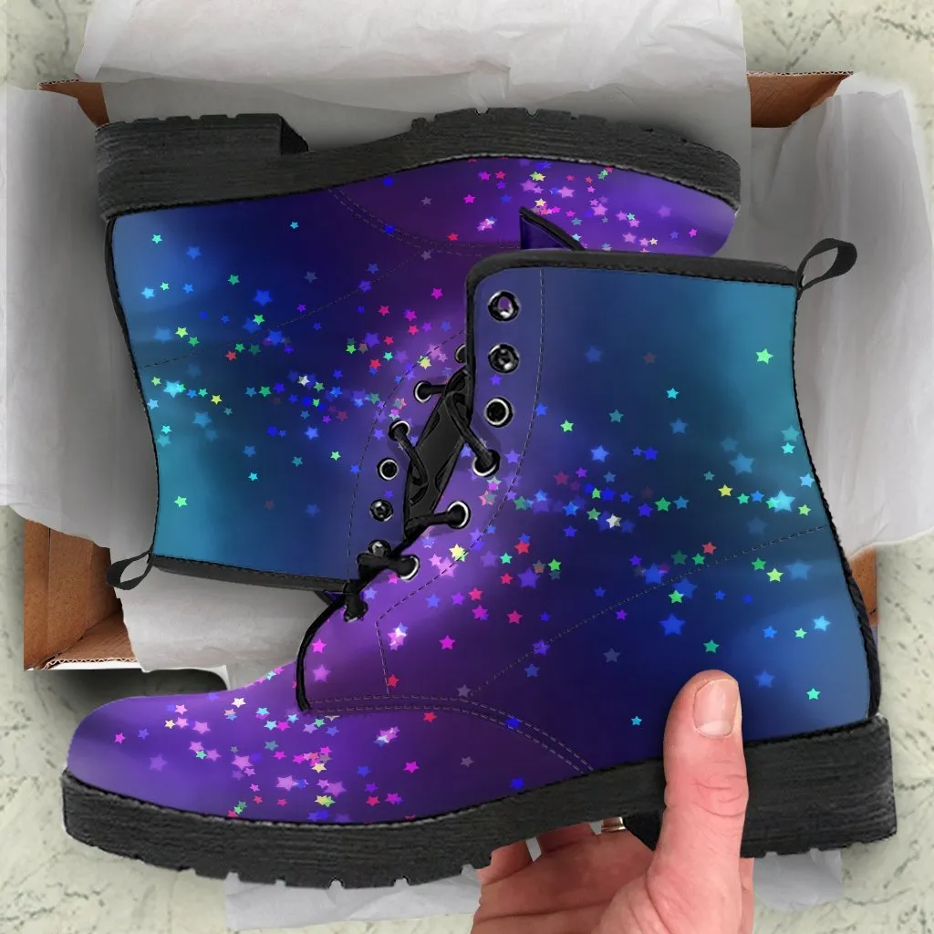 Combat Boots - Colorful Bokeh Rainbow Stars | Custom Shoes, Women's Boots, Vegan Shoes, Vegan Leather, Hippie Boots, 90s Boots, 2000s Boots