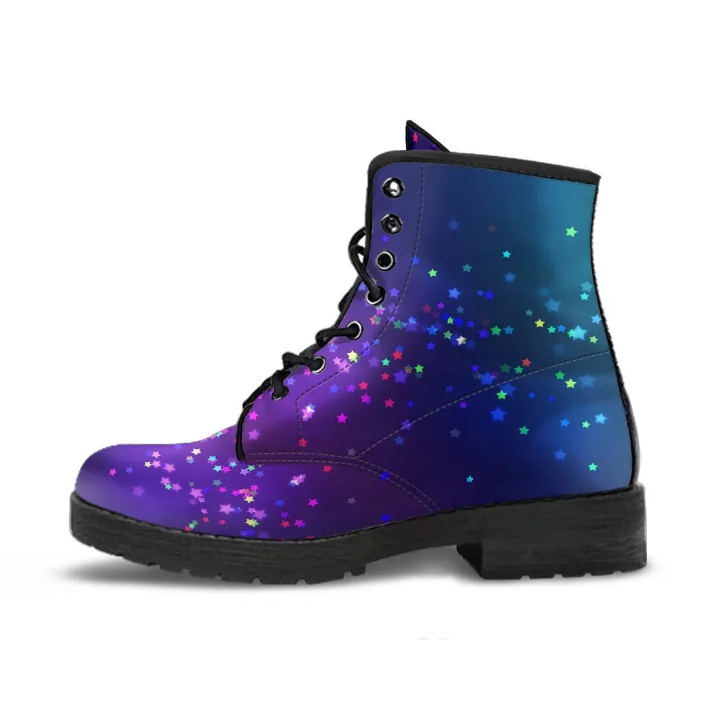 Combat Boots - Colorful Bokeh Rainbow Stars | Custom Shoes, Women's Boots, Vegan Shoes, Vegan Leather, Hippie Boots, 90s Boots, 2000s Boots