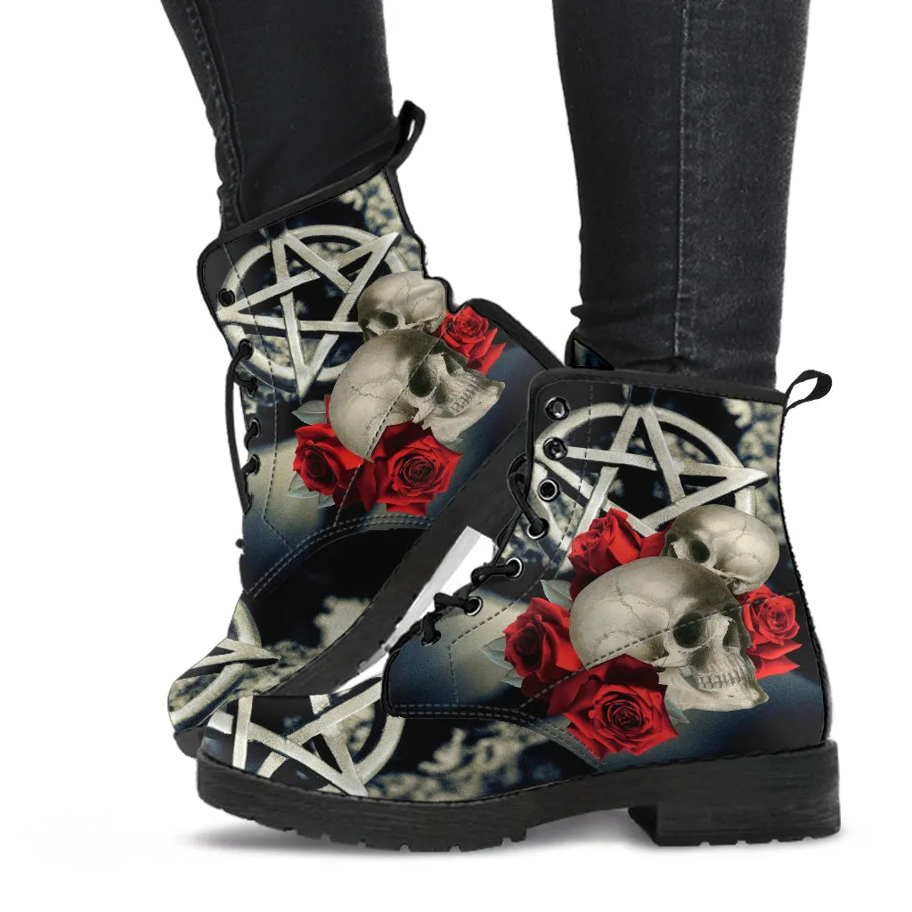 Combat Boots - Goth Shoes #202 Skulls & Roses | Vegan Leather Lace Up Boots, Custom Shoes Boho, Goth Witch Boots, Goth Boots, Gothic Shoes