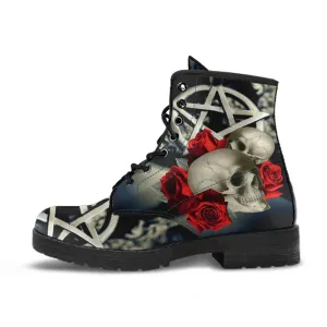 Combat Boots - Goth Shoes #202 Skulls & Roses | Vegan Leather Lace Up Boots, Custom Shoes Boho, Goth Witch Boots, Goth Boots, Gothic Shoes