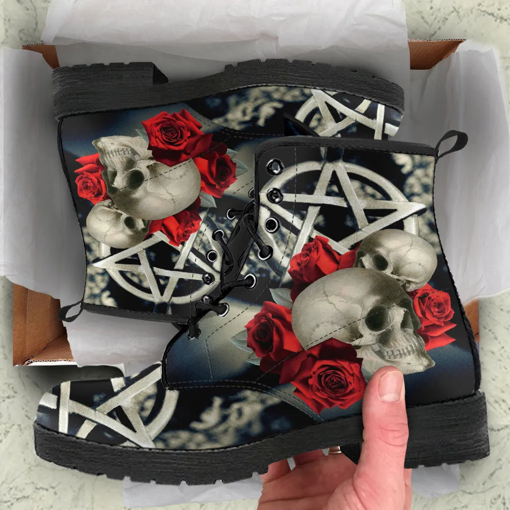 Combat Boots - Goth Shoes #202 Skulls & Roses | Vegan Leather Lace Up Boots, Custom Shoes Boho, Goth Witch Boots, Goth Boots, Gothic Shoes