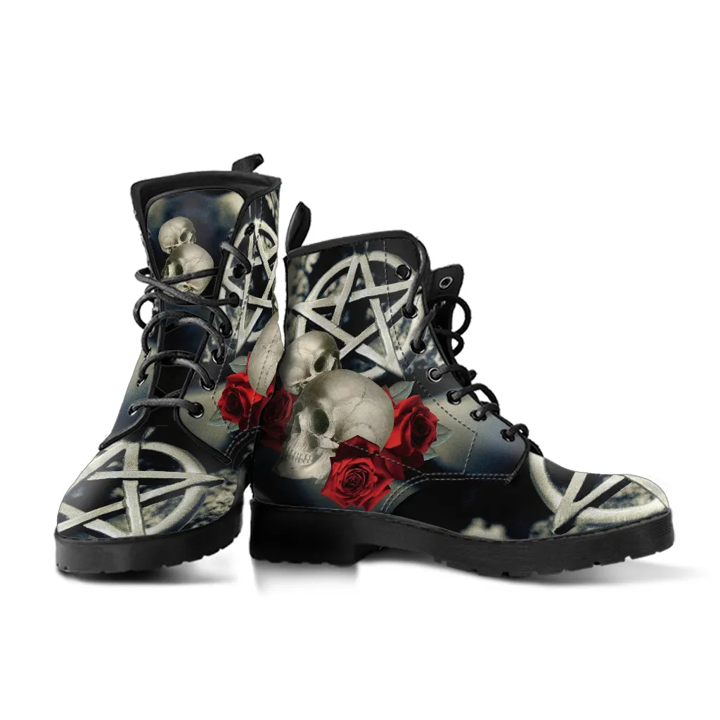Combat Boots - Goth Shoes #202 Skulls & Roses | Vegan Leather Lace Up Boots, Custom Shoes Boho, Goth Witch Boots, Goth Boots, Gothic Shoes