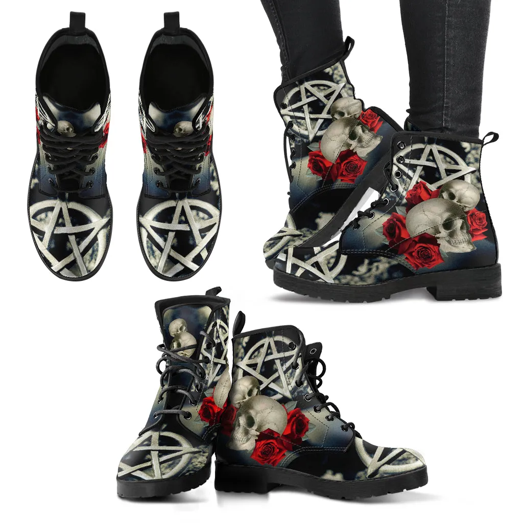 Combat Boots - Goth Shoes #202 Skulls & Roses | Vegan Leather Lace Up Boots, Custom Shoes Boho, Goth Witch Boots, Goth Boots, Gothic Shoes