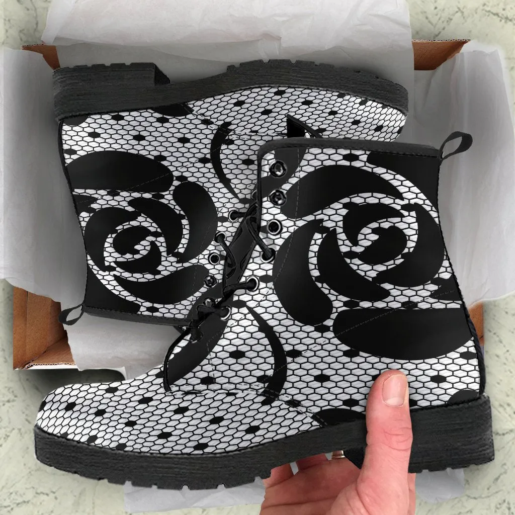 Combat Boots-Gothic Lace Print 104 White