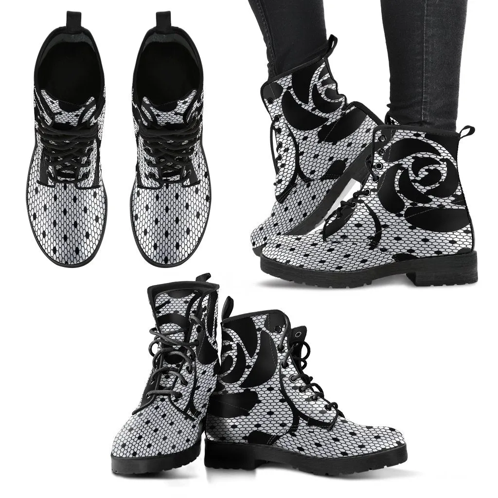 Combat Boots-Gothic Lace Print 104 White