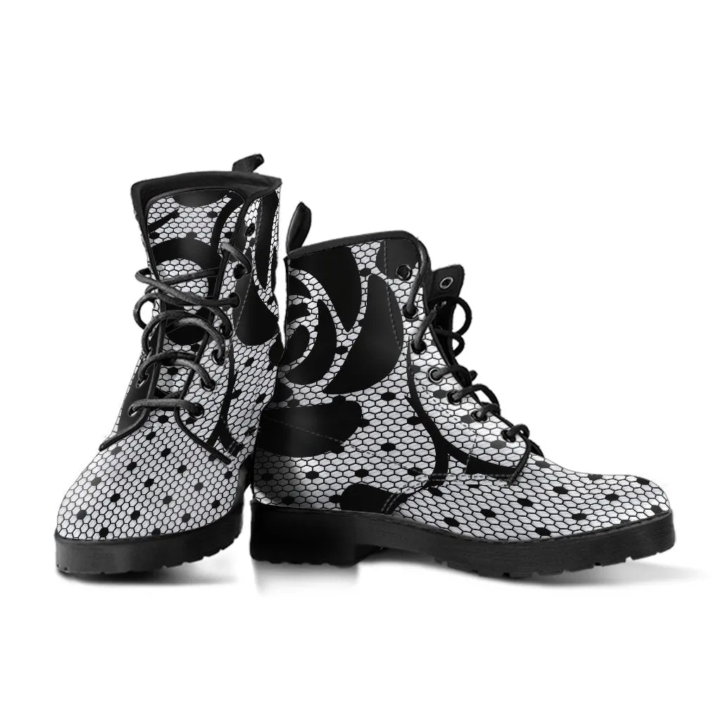 Combat Boots-Gothic Lace Print 104 White