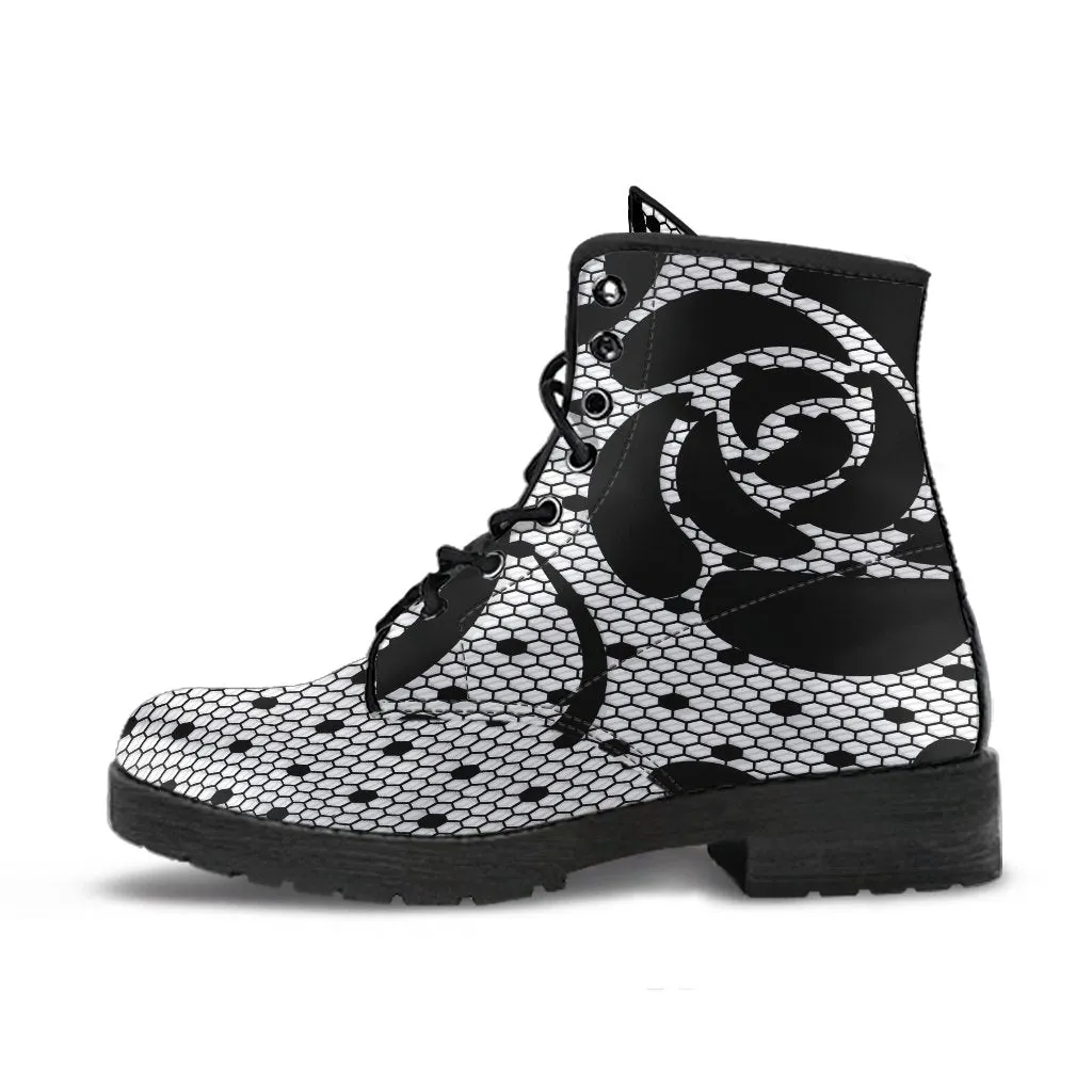 Combat Boots-Gothic Lace Print 104 White