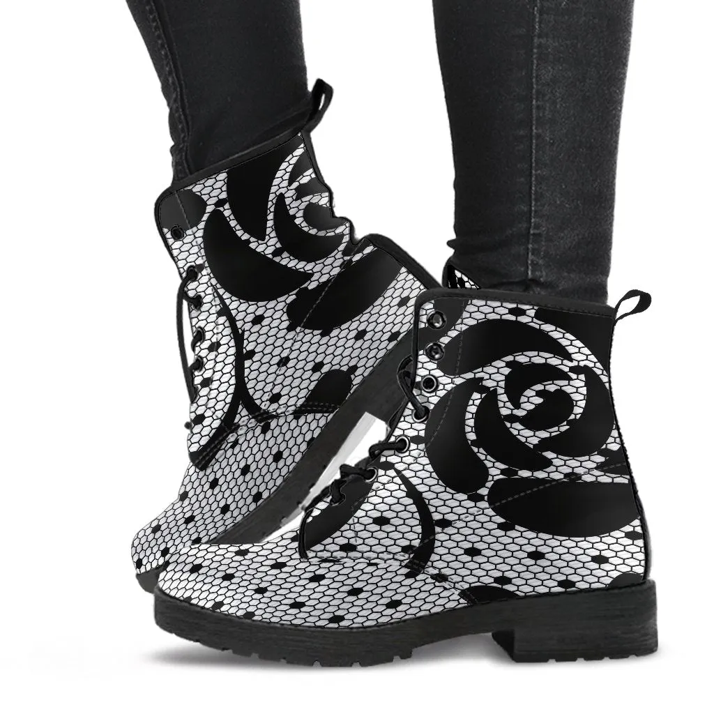 Combat Boots-Gothic Lace Print 104 White
