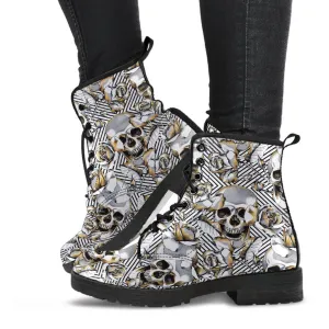 Combat Boots - Gray Skulls | Vegan Leather Lace Up Boots Women, Handmade Lace Up Boots, Women's Boots, Men's Boots 9.5, Custom Shoes