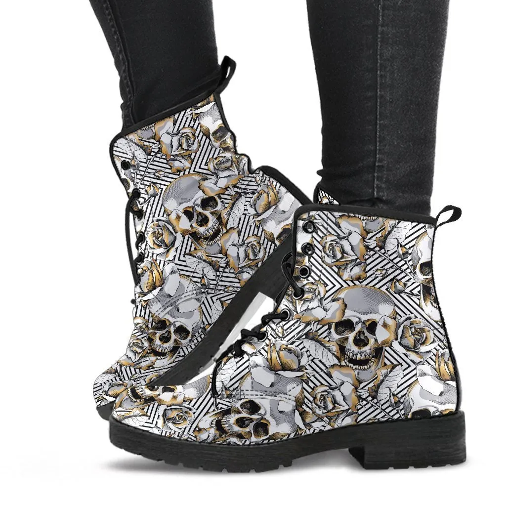 Combat Boots - Gray Skulls | Vegan Leather Lace Up Boots Women, Handmade Lace Up Boots, Women's Boots, Men's Boots 9.5, Custom Shoes