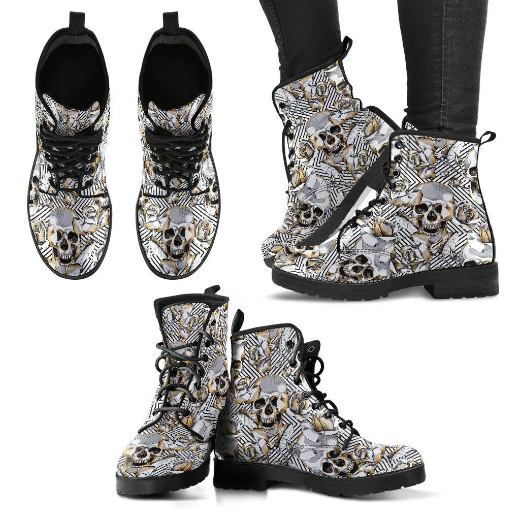 Combat Boots - Gray Skulls | Vegan Leather Lace Up Boots Women, Handmade Lace Up Boots, Women's Boots, Men's Boots 9.5, Custom Shoes