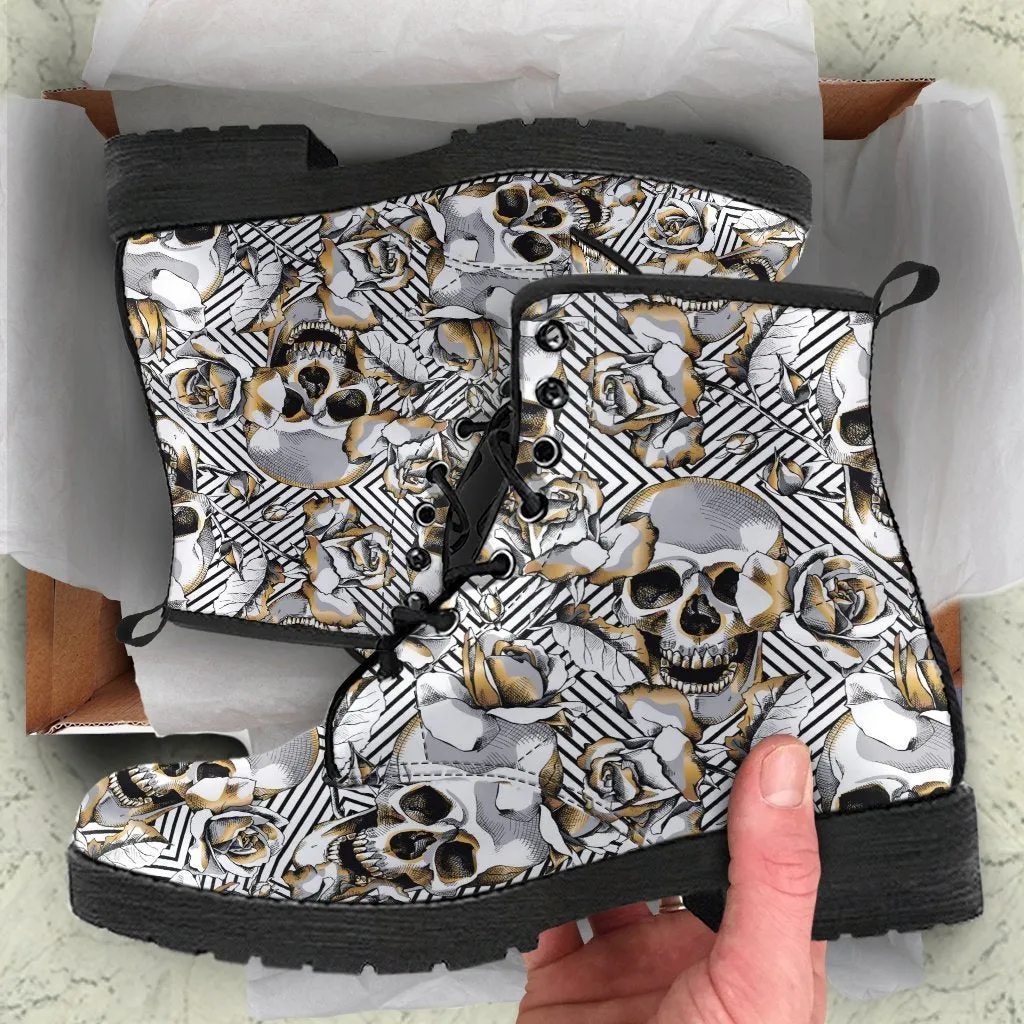 Combat Boots - Gray Skulls | Vegan Leather Lace Up Boots Women, Handmade Lace Up Boots, Women's Boots, Men's Boots 9.5, Custom Shoes