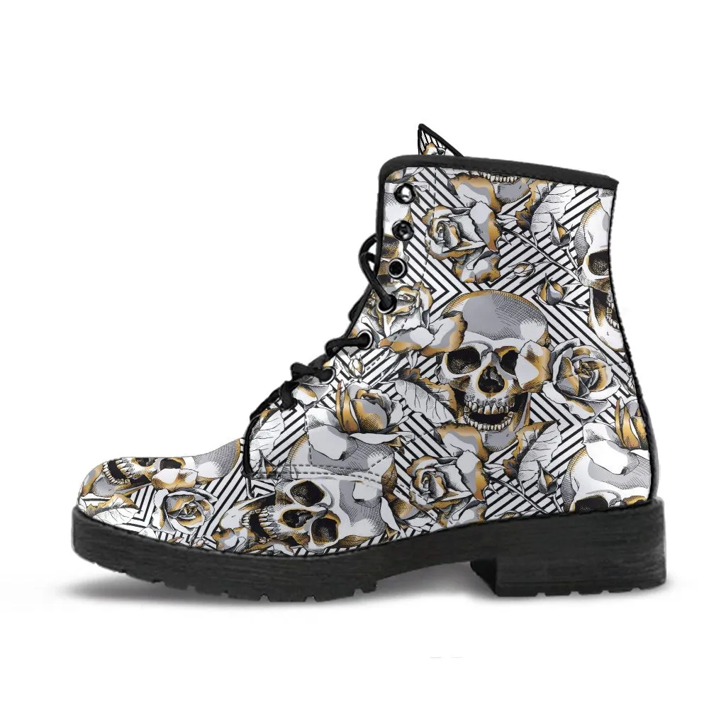Combat Boots - Gray Skulls | Vegan Leather Lace Up Boots Women, Handmade Lace Up Boots, Women's Boots, Men's Boots 9.5, Custom Shoes