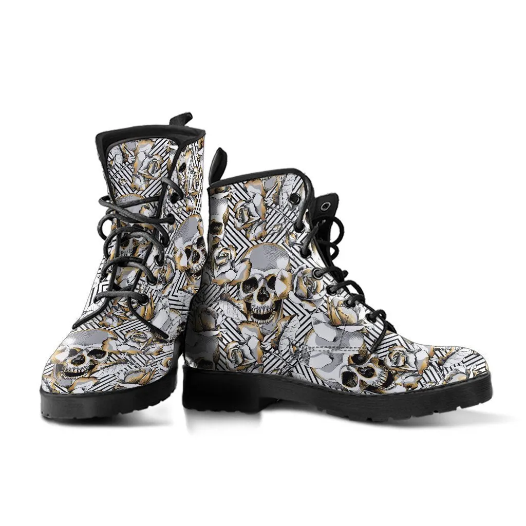 Combat Boots - Gray Skulls | Vegan Leather Lace Up Boots Women, Handmade Lace Up Boots, Women's Boots, Men's Boots 9.5, Custom Shoes
