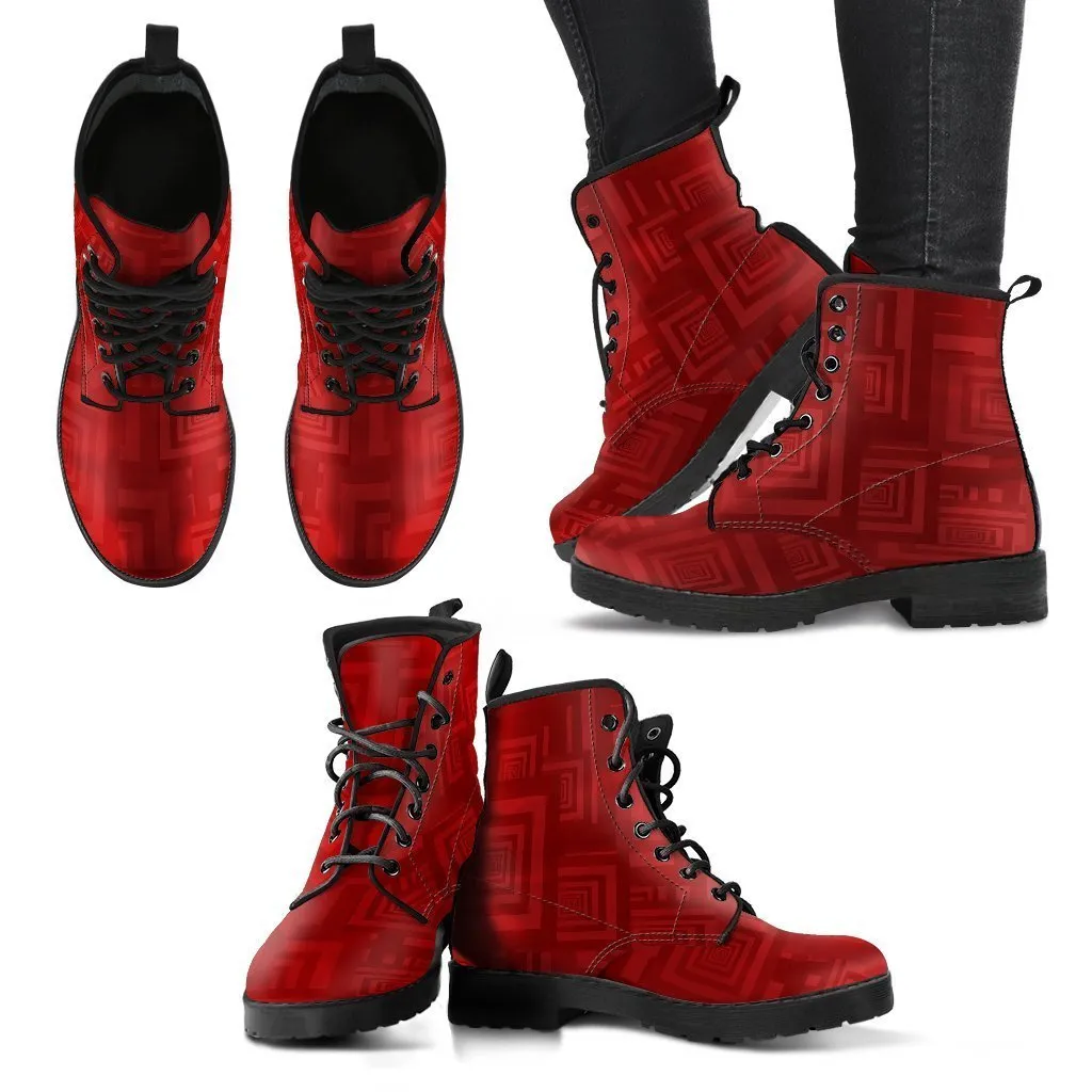 Combat Boots - Maroon Pattern | Red Boots, Boho Shoes, Handmade Lace Up Boots, Vegan Leather Lace Up Boots Women, 90s Boots, 2000s Boots