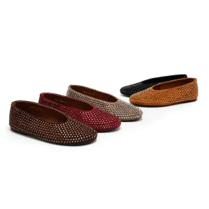 Dwarves Sparkly Style Slip-On Flats with Lambskin Studded Design in Coffee/Purple Red/Brown/Khaki/Black