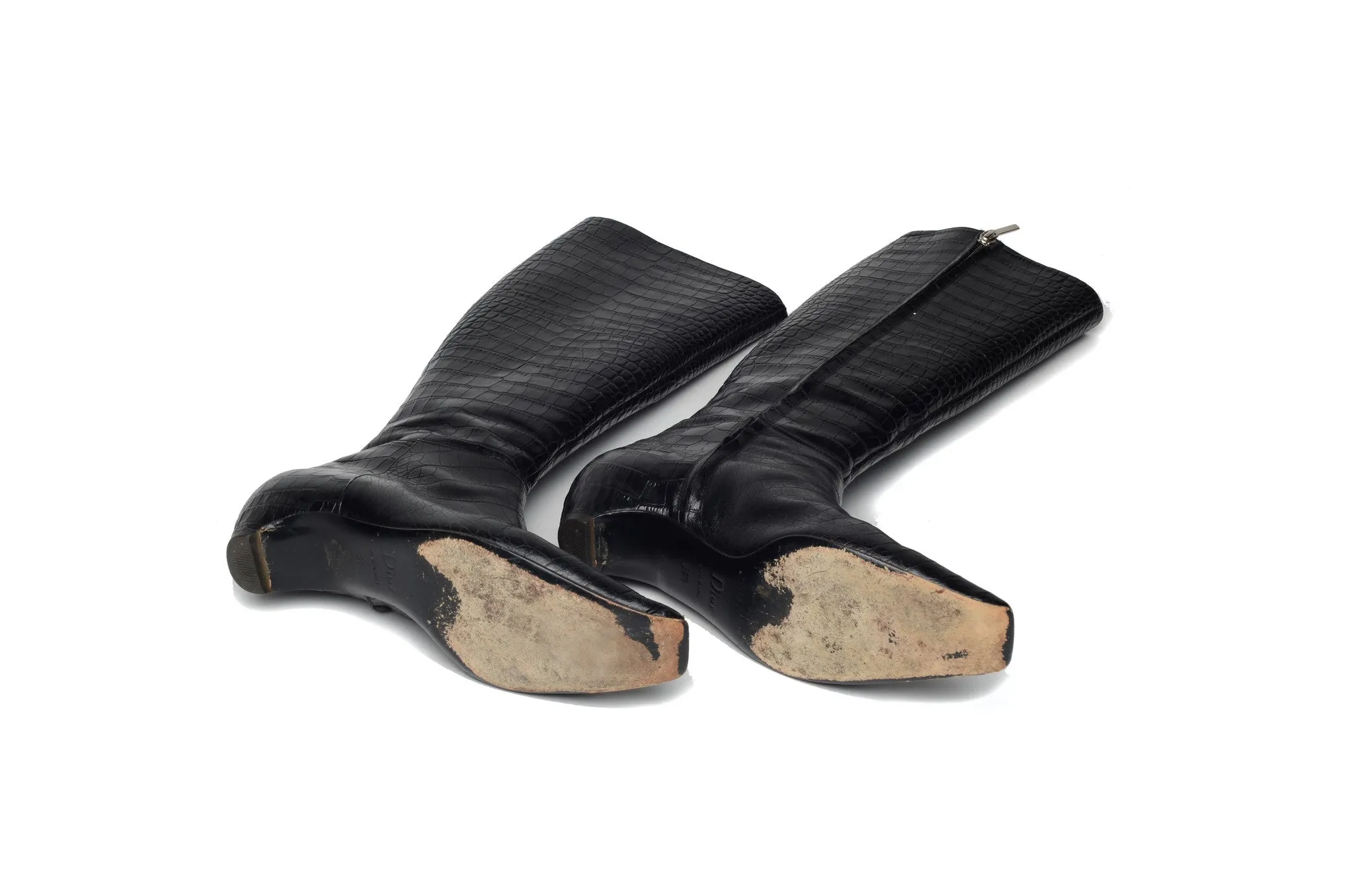 John Galliano for Christian Dior - Black Alligator Embossed Knee High Boots - IT 38 1/2