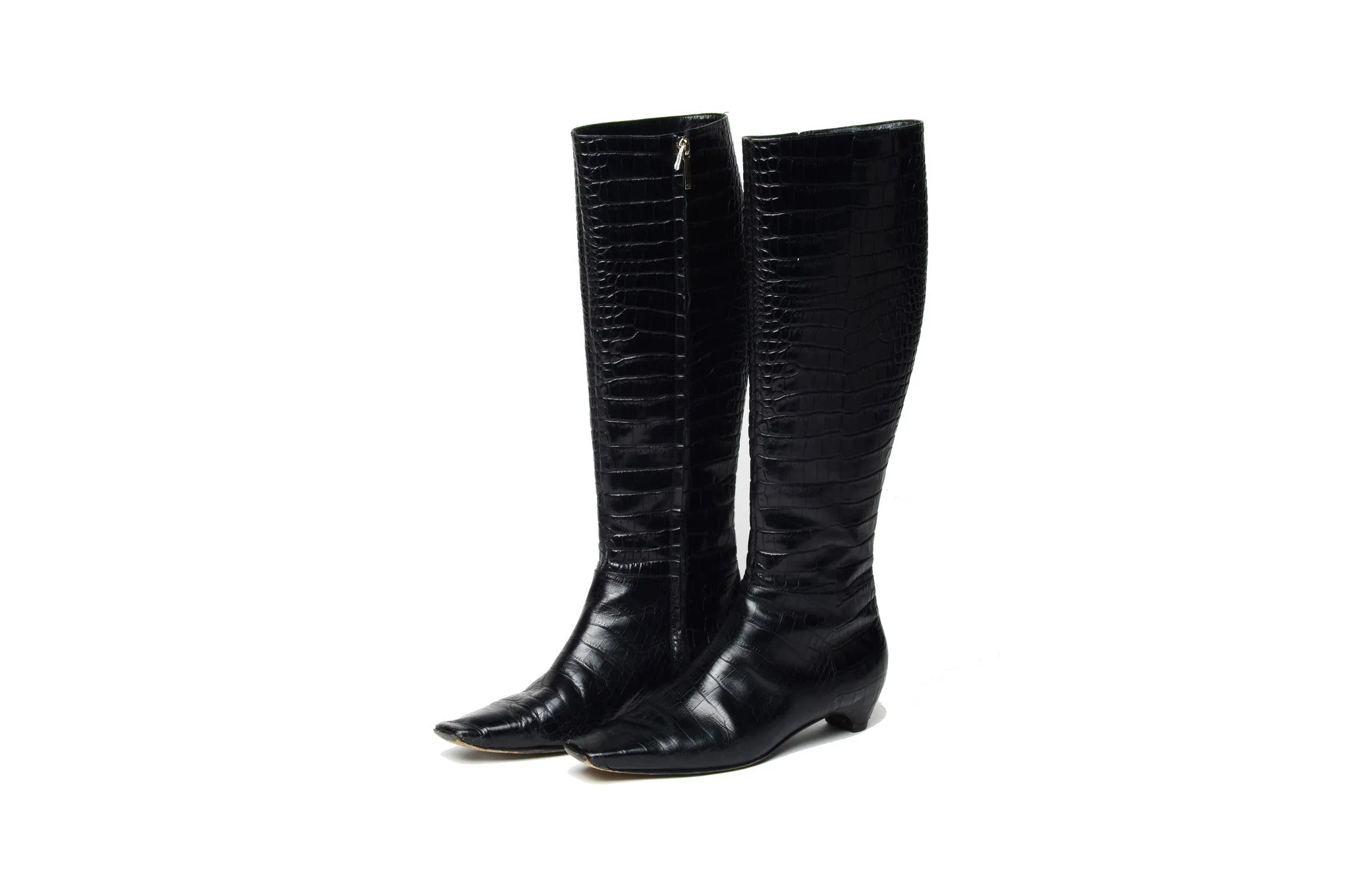 John Galliano for Christian Dior - Black Alligator Embossed Knee High Boots - IT 38 1/2
