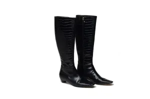 John Galliano for Christian Dior - Black Alligator Embossed Knee High Boots - IT 38 1/2