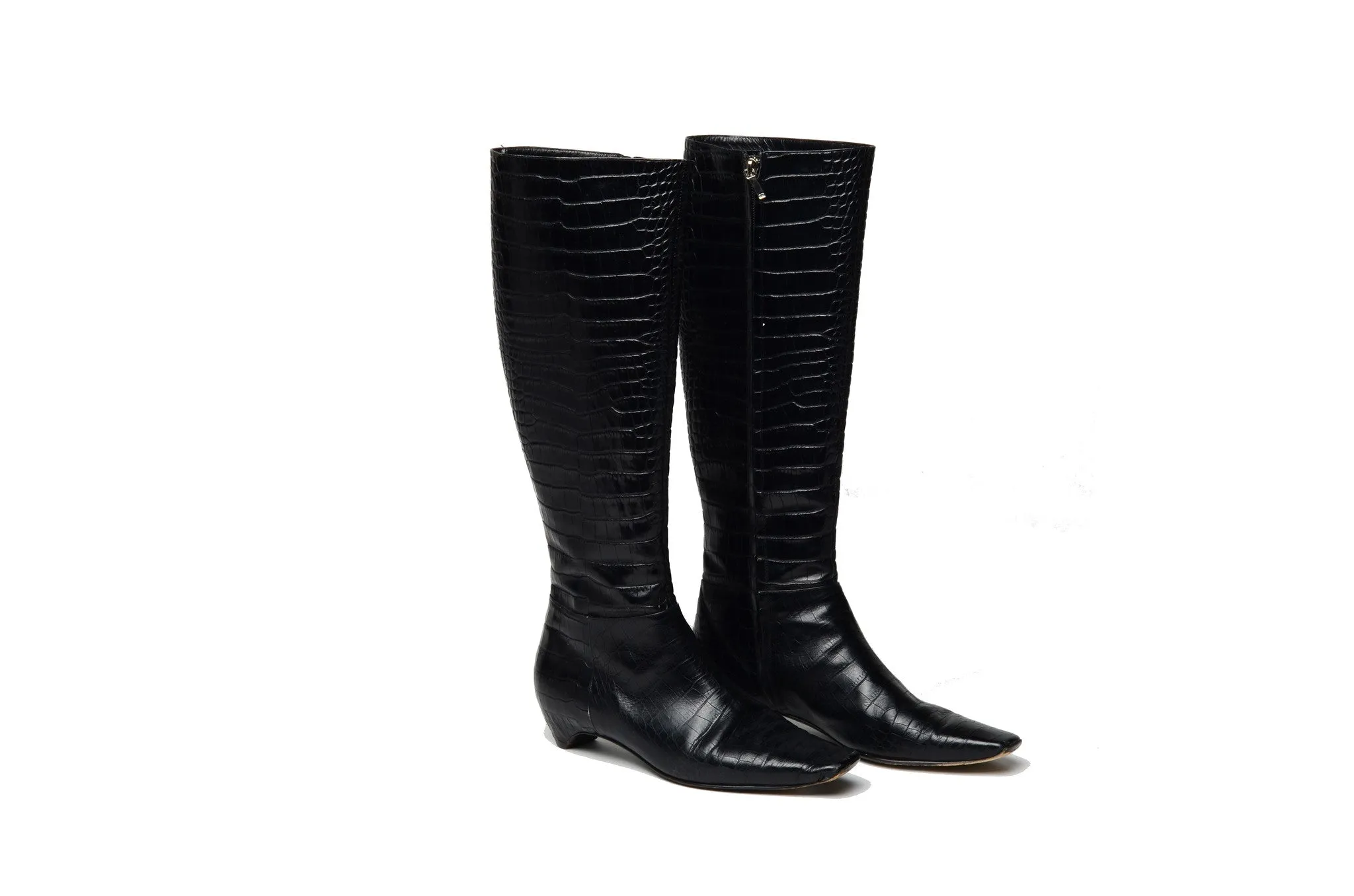 John Galliano for Christian Dior - Black Alligator Embossed Knee High Boots - IT 38 1/2