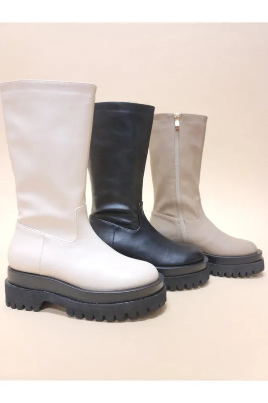 Soft Faux Leather Black Mid Calf Platform Boots