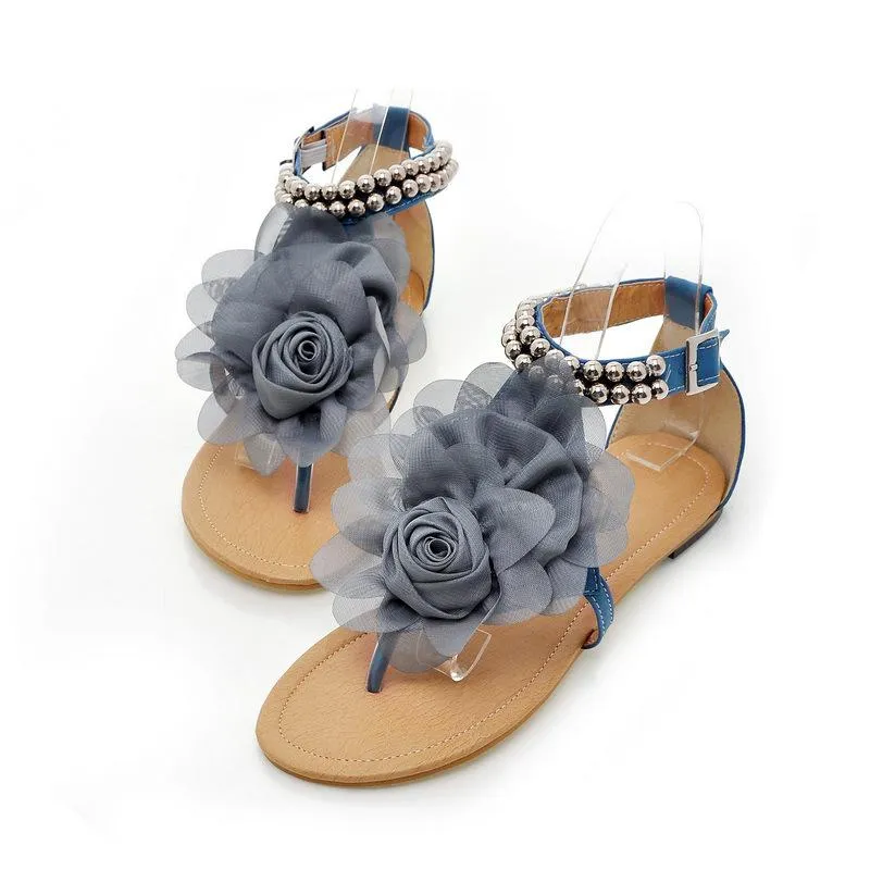 Women's big flower clip toe beach sandals boho beaded buckle strap sandals