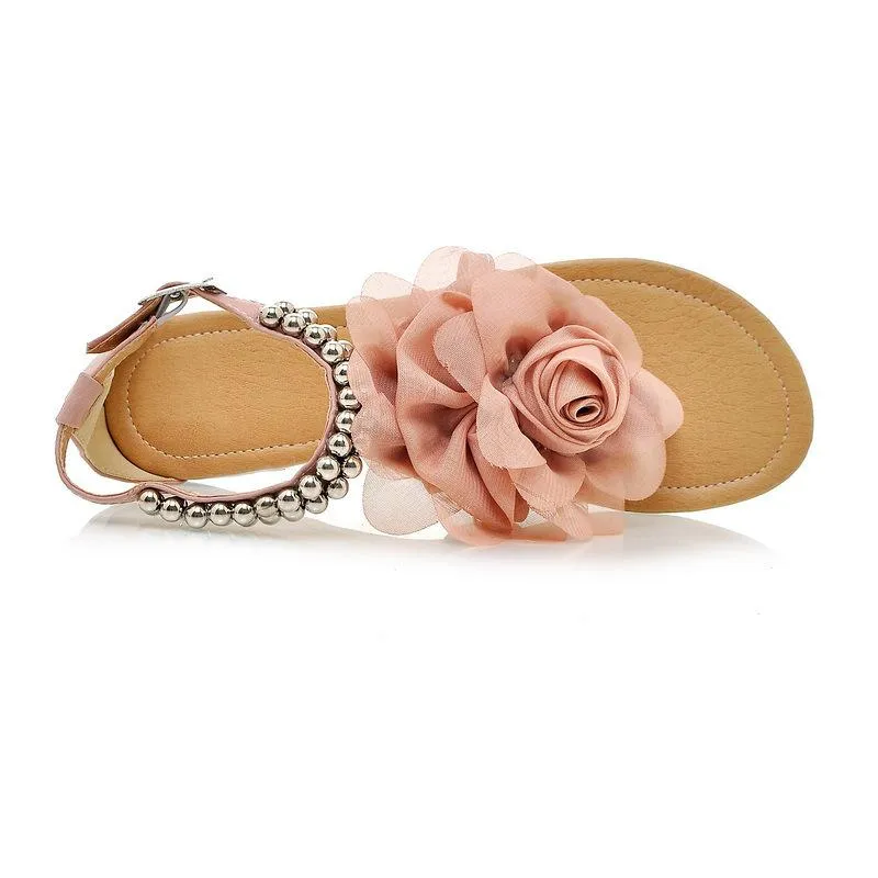 Women's big flower clip toe beach sandals boho beaded buckle strap sandals