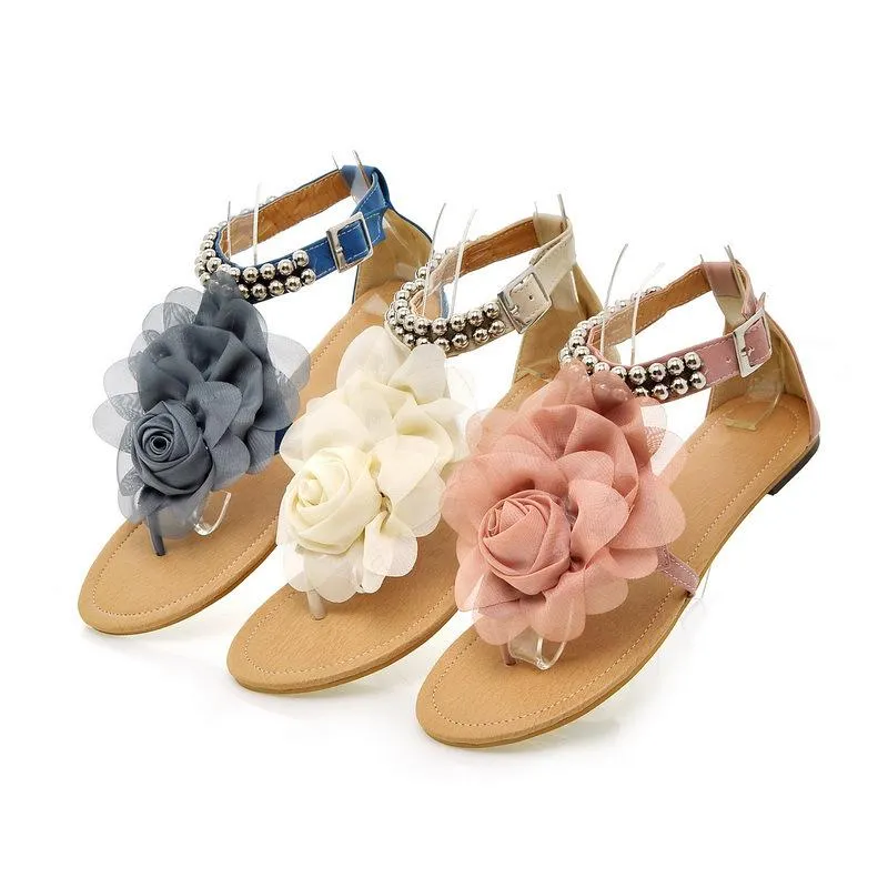 Women's big flower clip toe beach sandals boho beaded buckle strap sandals