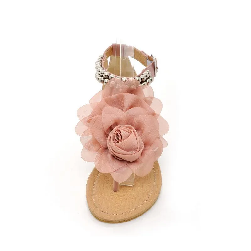 Women's big flower clip toe beach sandals boho beaded buckle strap sandals