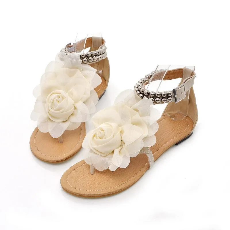 Women's big flower clip toe beach sandals boho beaded buckle strap sandals