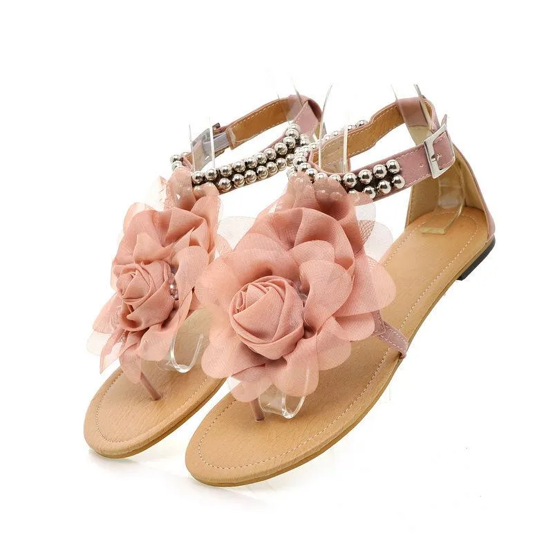 Women's big flower clip toe beach sandals boho beaded buckle strap sandals