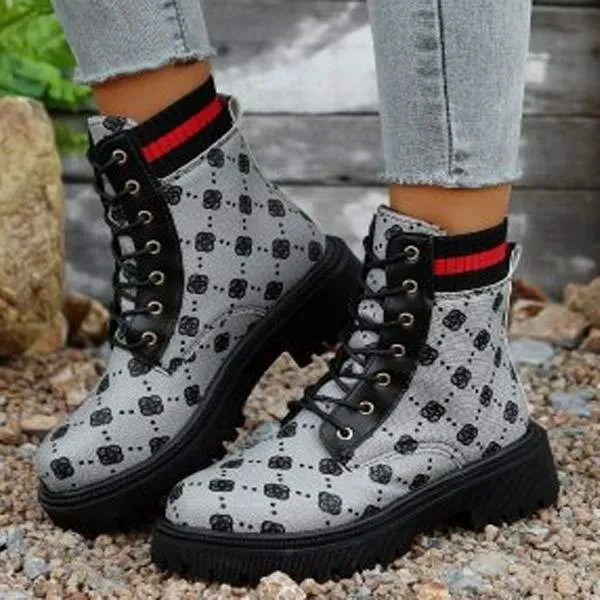 Women's Color-Block Chunky Heel Combat Boots 48741264C