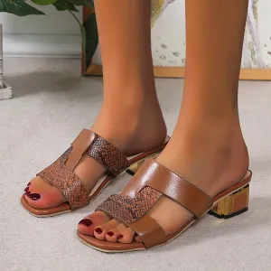Women's Fashion Snake Print Hollow Block Heel Slippers 43506078S
