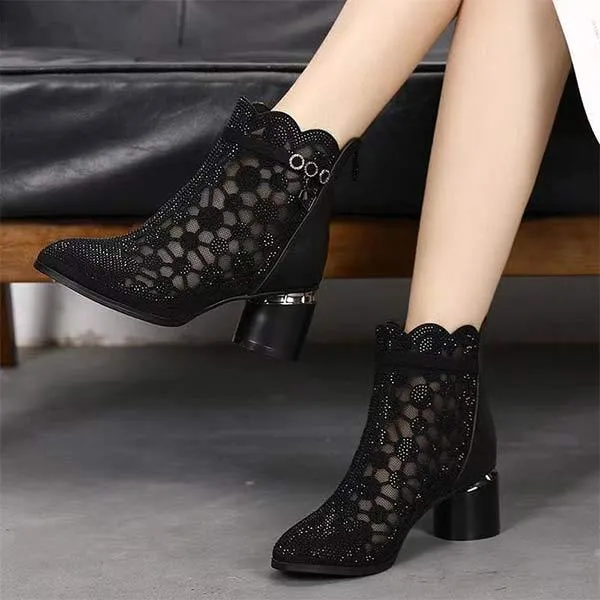 Women's Hollow-Out Chunky Heel Sandals with Rhinestone Embellishments 04594559C