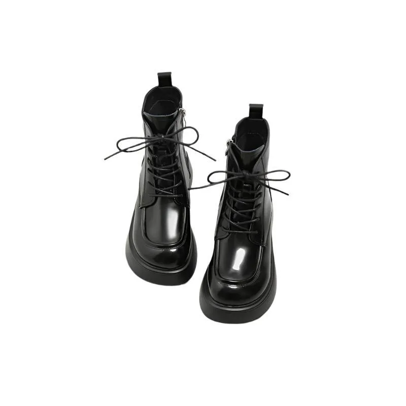 Women's Square Toe Lace-Up Thick Sole Patent Leather Combat Boots